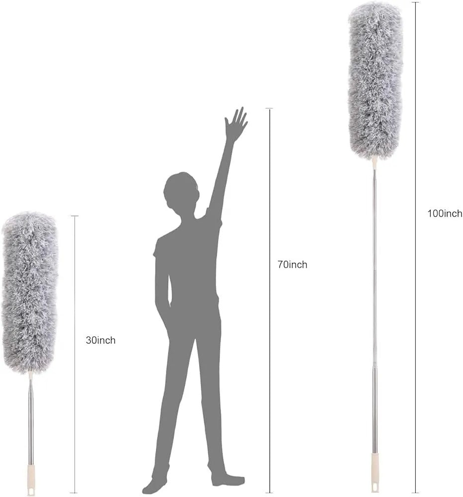 Microfiber Feather Duster Extendable Duster with 100 inches Extra Long Pole, Bendable Head & Long Handle Dusters for Cleaning Ceiling Fan, High Ceiling, Blinds, Furniture & Cars Gray