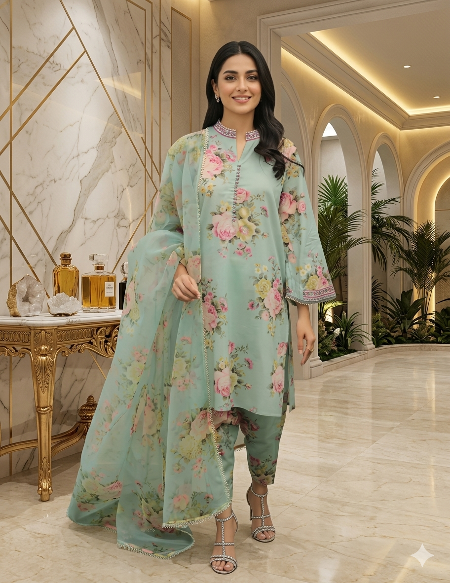Digital Printed 3 Piece Swiss Lawn With Organza Dupatta ( Stitched )