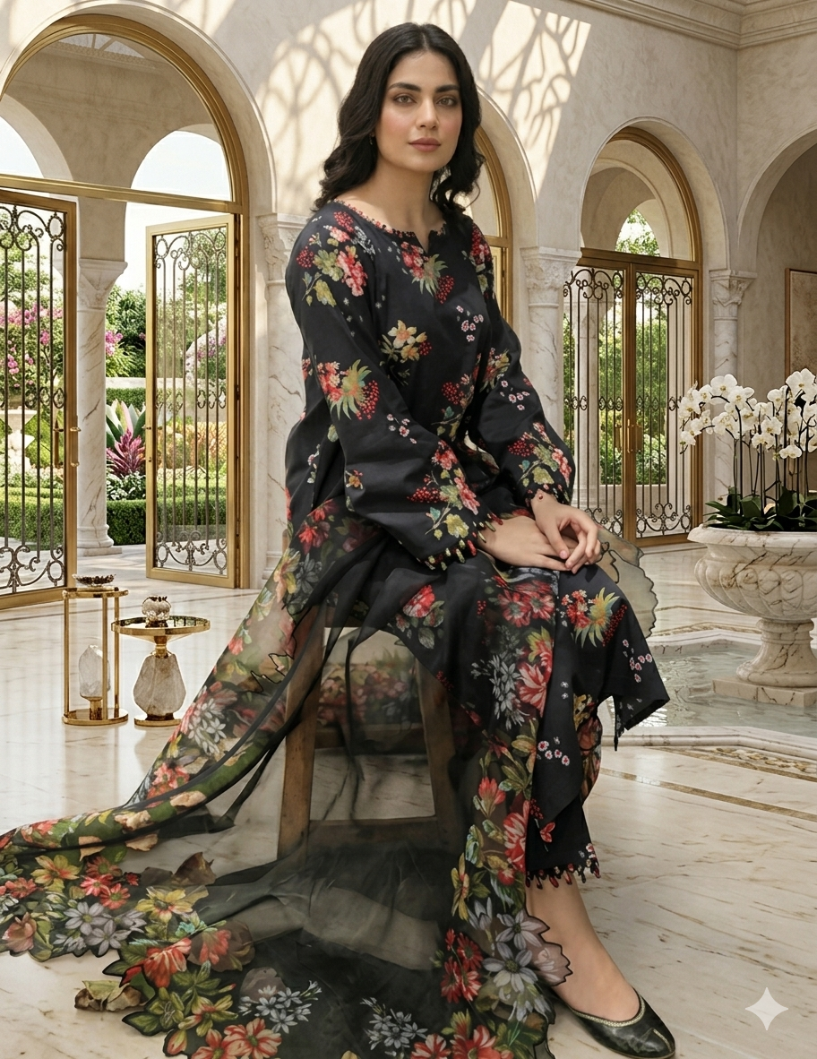 Digital Printed 3 Piece Swiss Lawn With Organza Dupatta ( Stitched )