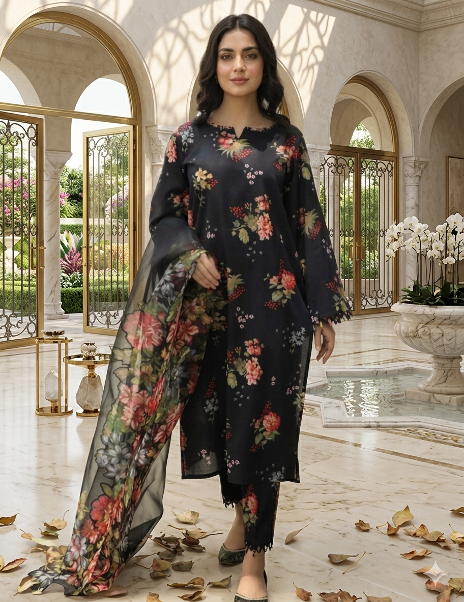 Digital Printed 3 Piece Swiss Lawn With Organza Dupatta ( Stitched )