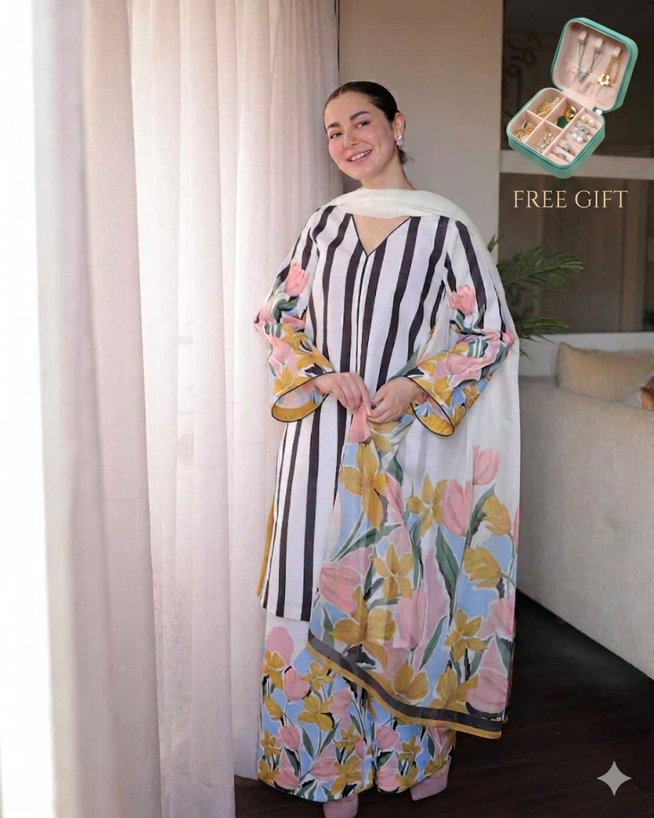 Digital Printed 3 Piece Swiss Lawn With Voil Cambric Cotton Dupatta (unstitch) + 1 jewellery box free gift