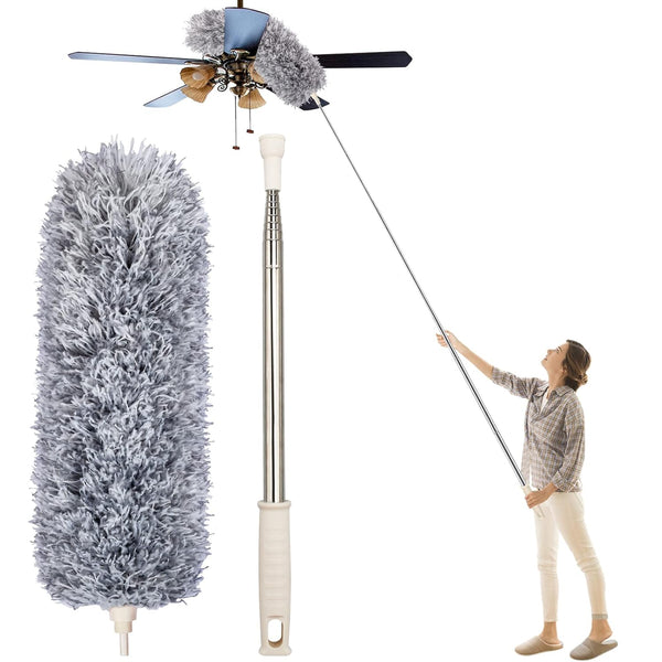 Microfiber Feather Duster Extendable Duster with 100 inches Extra Long Pole, Bendable Head & Long Handle Dusters for Cleaning Ceiling Fan, High Ceiling, Blinds, Furniture & Cars Gray